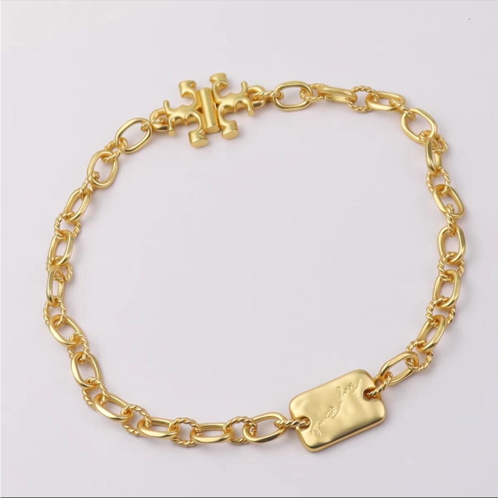 Tory Burch Signature Bar Chain Gold Necklace Double T Logo Clasp‎ New